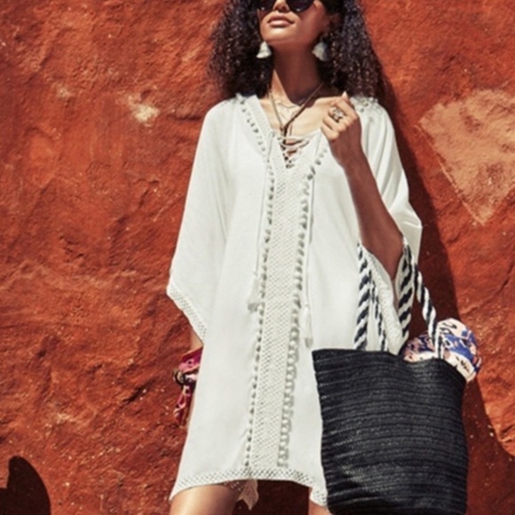 Bindya Coverup in White with Front Ties and Pom Pom Trim. One size. NWOT. - Picture 6 of 6